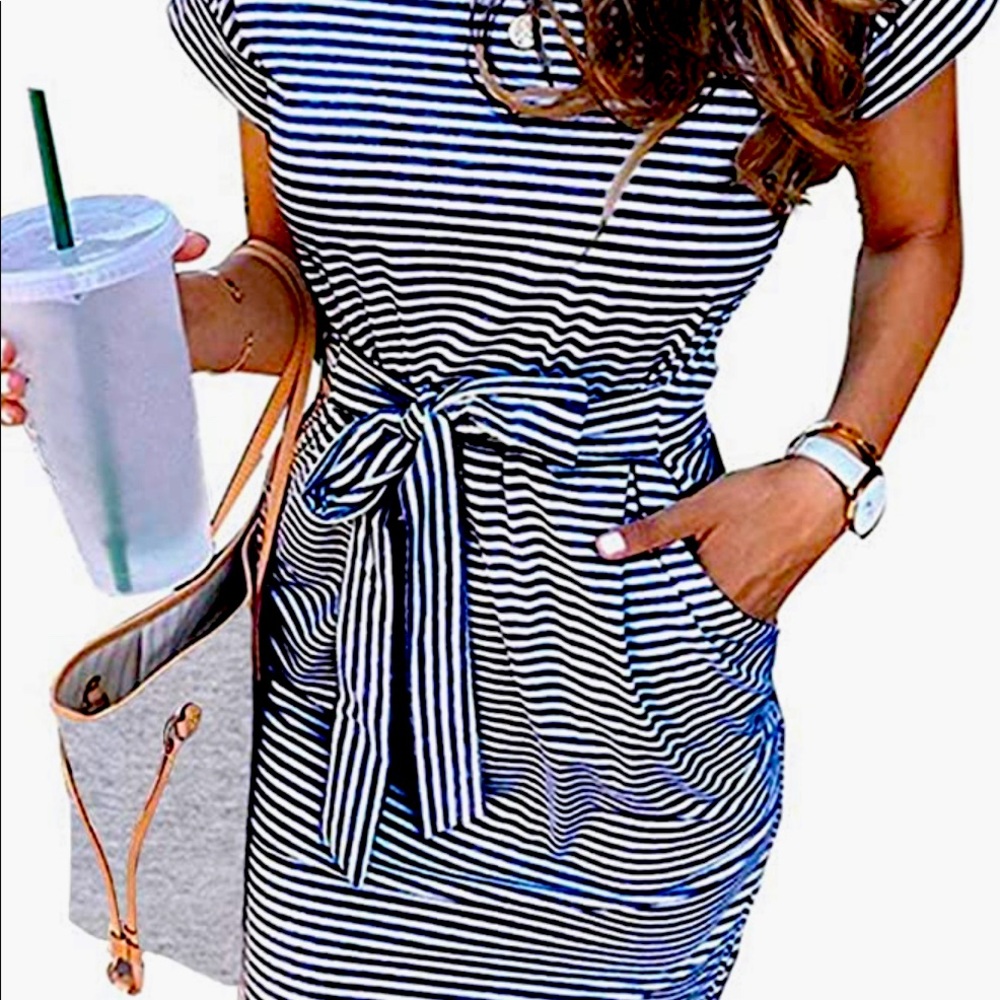 Striped Tshirt dress with tie waist and pockets